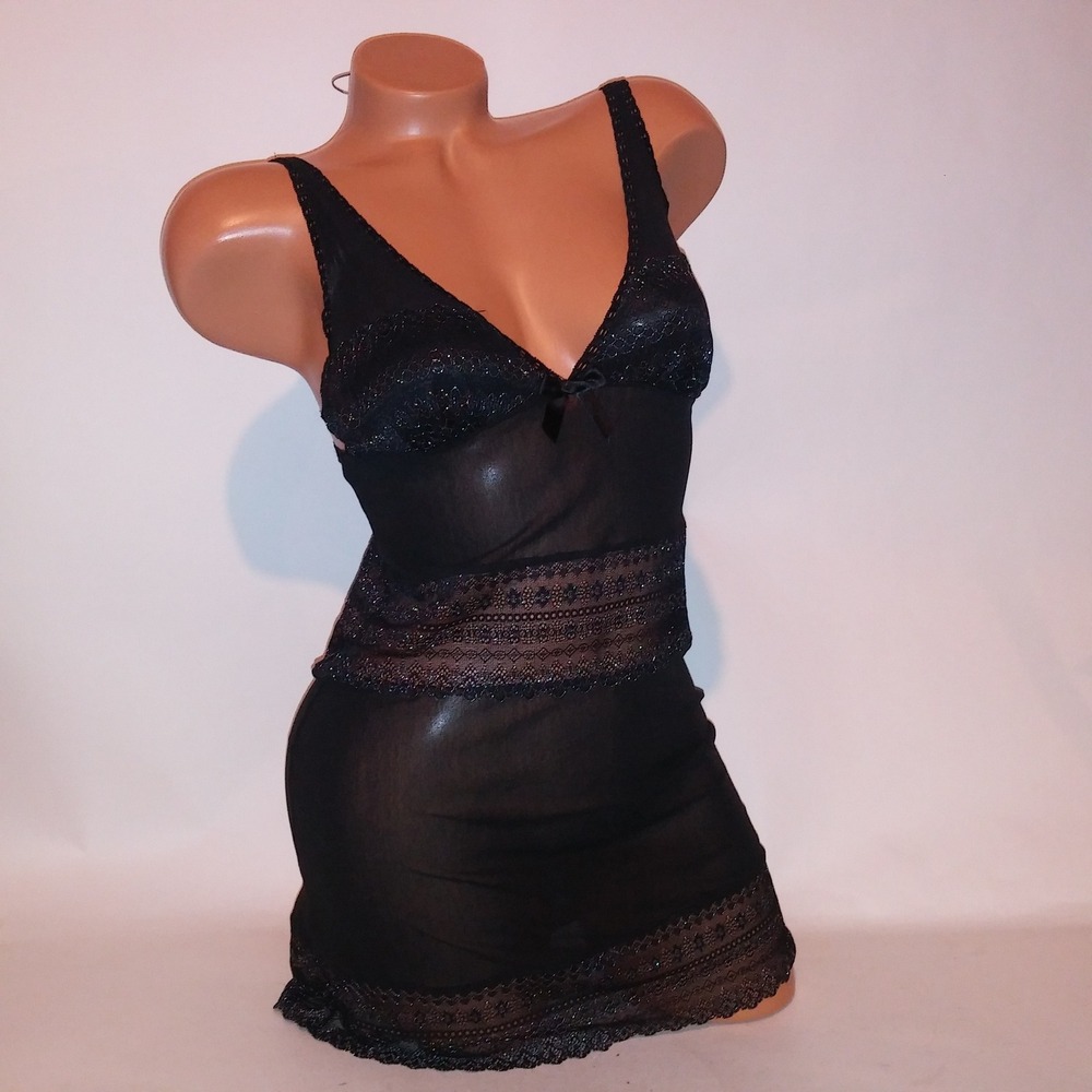 Victoria Secret Lingerie Chemise Slip Large Black Silver Metallic Sheer Wireless